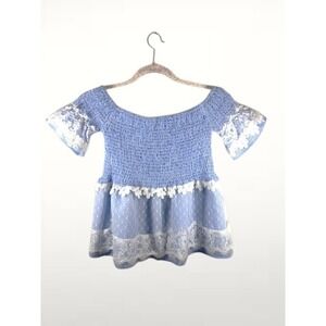 POL Blue Gingham Smocked Lace Crop Top S Cottagecore Coquette Boho Peasant Y2K